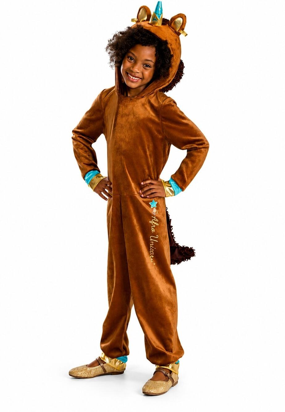 Hyde & EEK Girl's Deluxe Afro Unicorn Jumpsuit Costume M(7-8), NWT, Brown